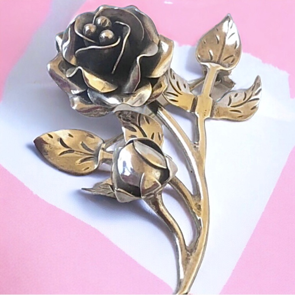 Sterling Silver Rose Flower Brooch Vintage Old Mexico Signed Detailed Pin